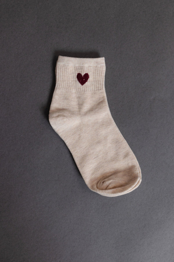 Oatmeal Socks with Burgundy Heart