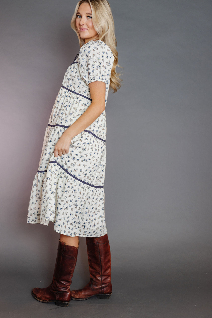 Willie Dress in Cream/Blue